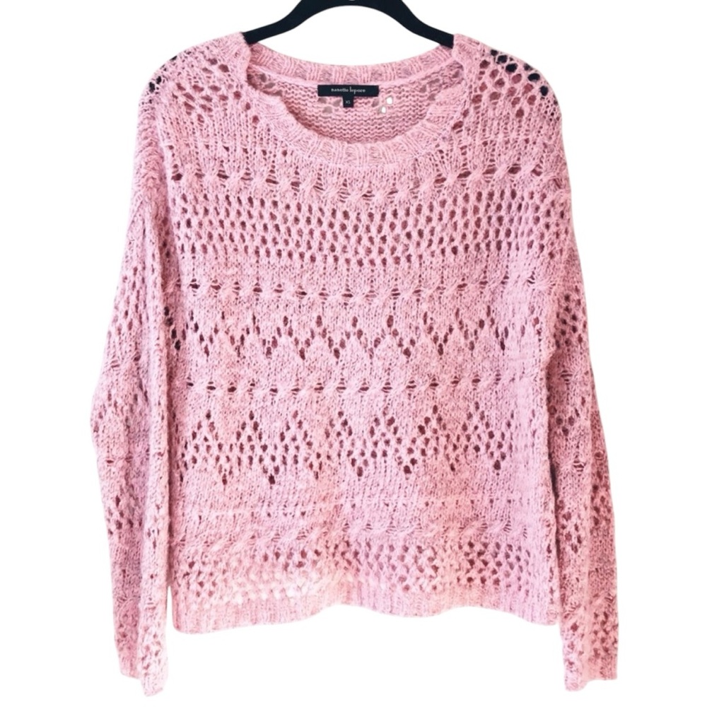 Nanette Lepore Pointelle Pink Crochet Crew Neck Sweater